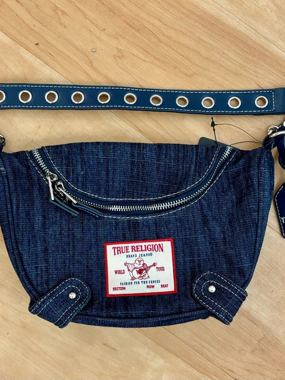 True Religion Denim Classic Logo Grommet Chain Strap Hobo Handbag
